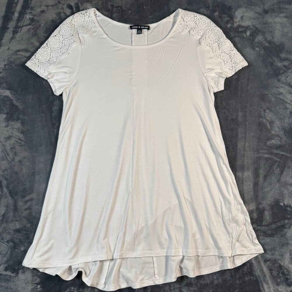 Cable & Gauge Tunic Top Womens Small White Lace Shoulder High Low Shirt